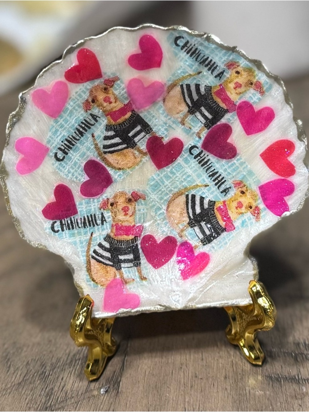 Chihuahua Shell decor or Trinket Dish with Pink Hearts handmade